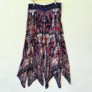 NEW Bila Womens XXL Navy Paisley Print Handkerchief Hem Midi Skirt Boho Bohemian